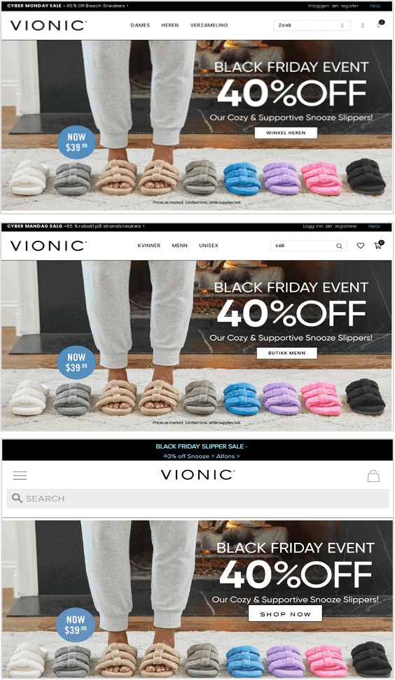 Screenshot of fake Vionic shop